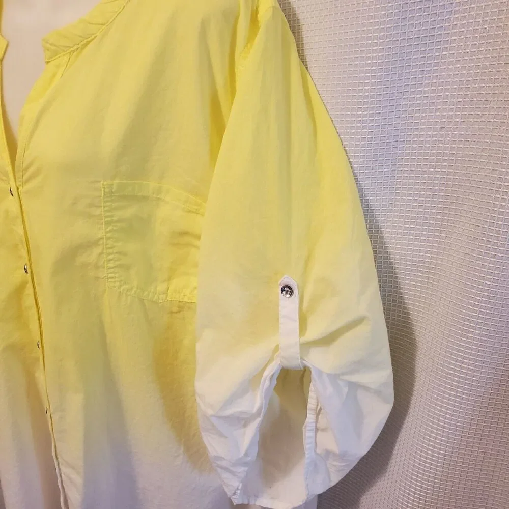 Cathrines Plus Sz 3X Yellow Ombre Button Down Blouse Rhinestones Roll Tab Sleeve